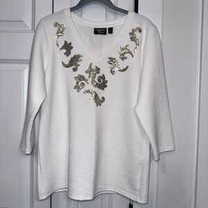 Onque Casual White Textured 3/4 Sleeve Top Sequin Embellished V-Neck Size L